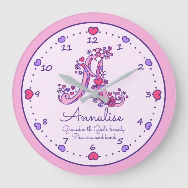 Monogram A hearts girls name meaning pink clock (Front)