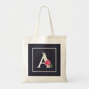 Monogram A in White Pink Rose and Leaves Dark Grey Tote Bag