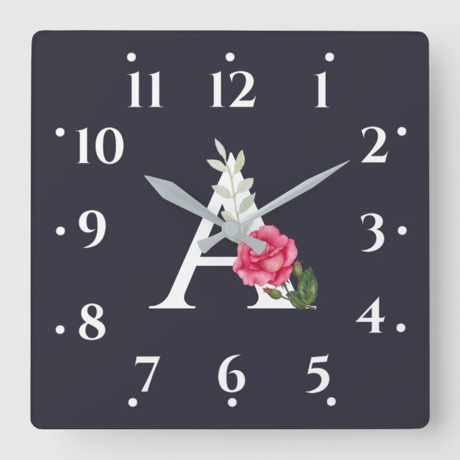 Monogram A in White Pink Rose and Leaves Grey Square Wall Clock (Front)