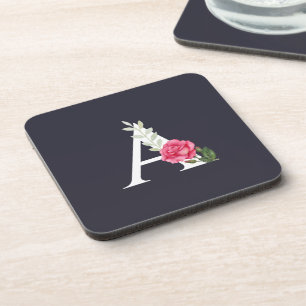 Monogram A in White Pink Rose and Leaves Square Coaster
