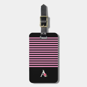 Monogram A in White Pink Rose and Leaves Stripes Luggage Tag