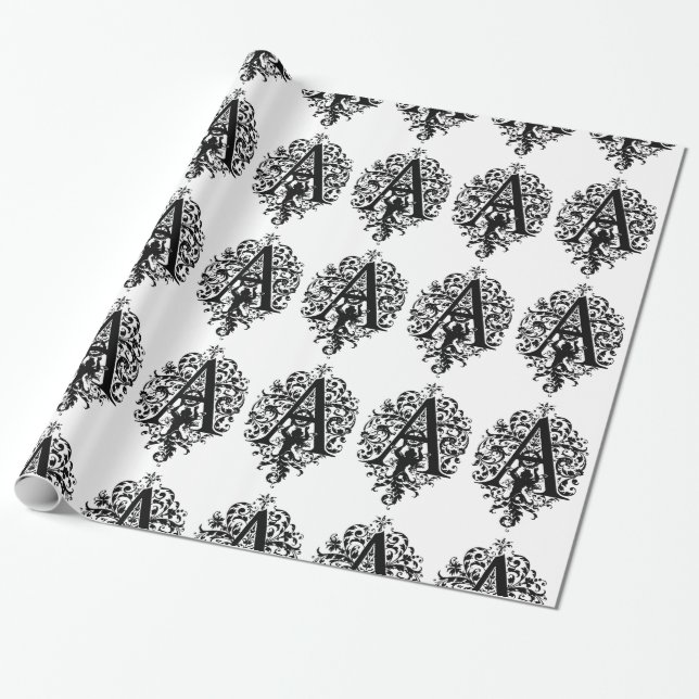 Monogram A Initial Black and White Floral Pattern Wrapping Paper (Unrolled)