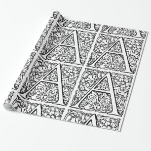 Monogram A Initial Black and White Floral Pattern Wrapping Paper