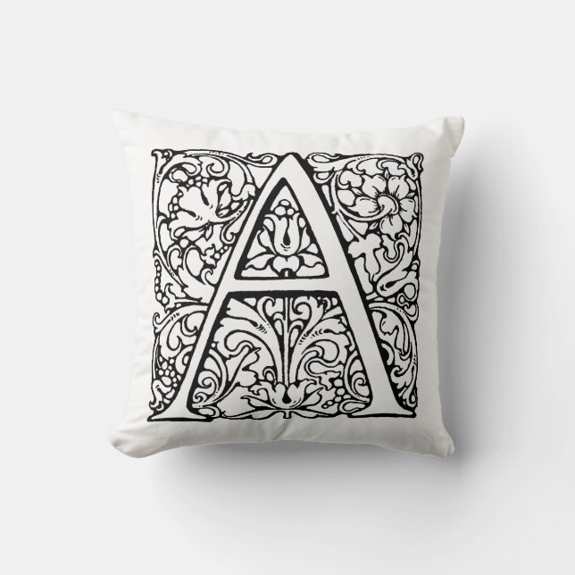 Monogram A Initial Black & White Floral Pattern Throw Pillow (Front)
