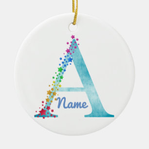 Monogram A initial lighter Rainbow Stars Ceramic Ornament