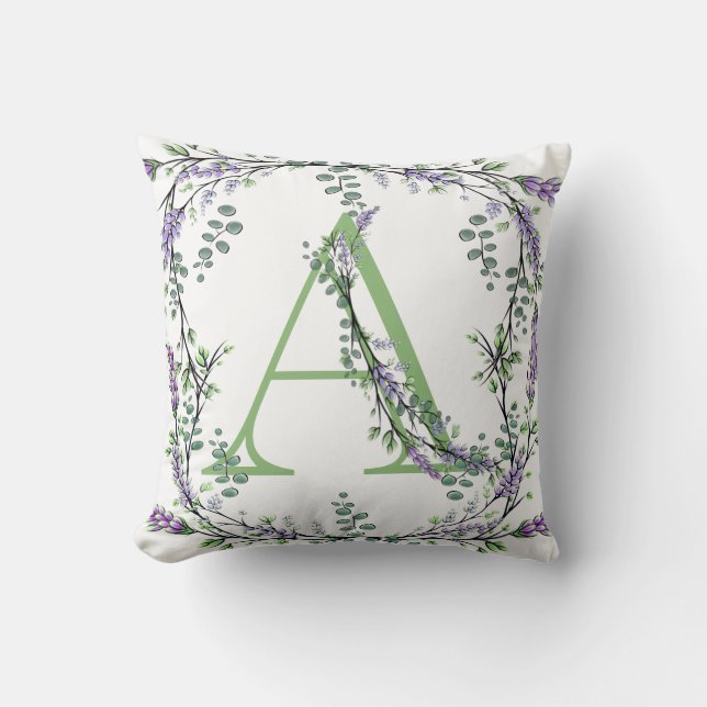 Monogram A Lavender Eucalyptus Throw Pillow (Front)
