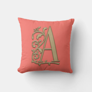 Monogram A Peach Coral Family, Wedding, Birthday Throw Pillow