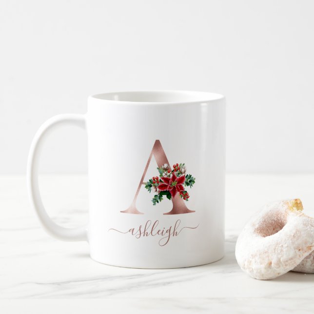 Monogram A Rose Gold Poinsettia Script Coffee Mug (With Donut)
