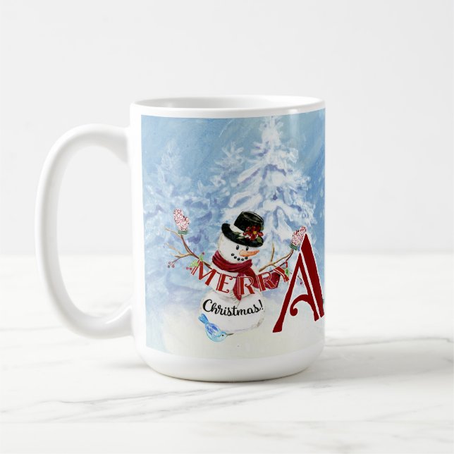 Monogram A Snowy Merry Christmas Snowman Trees Coffee Mug (Left)
