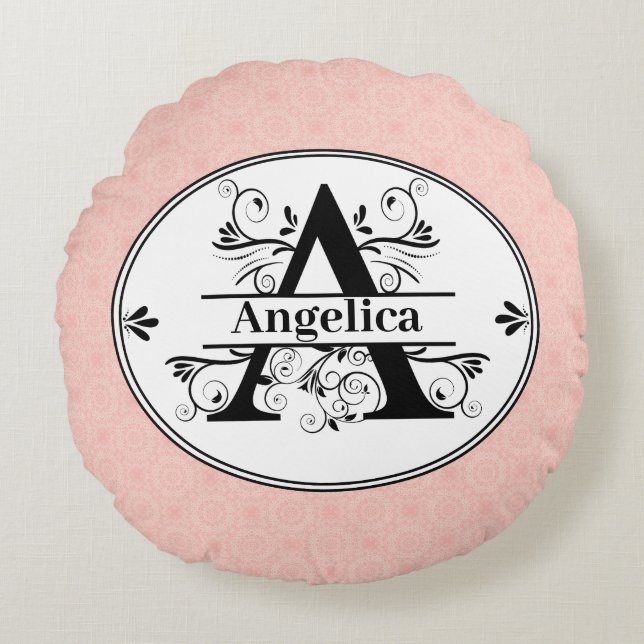 Monogram A with light small pink pattern backgroun Round Pillow (Front)
