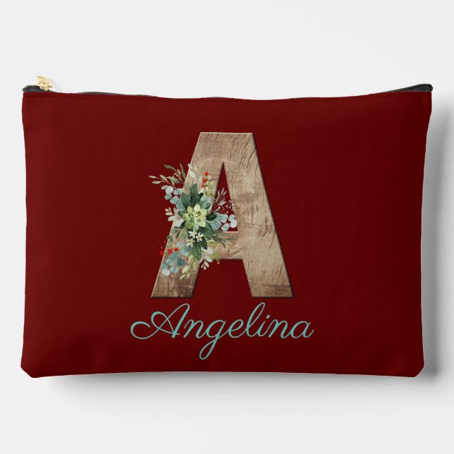 Monogram A wood letter dark red flower  Accessory Pouch (Front)