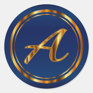 Monogram  A-Z - Metallic Gold on Navy Blue Classic Round Sticker