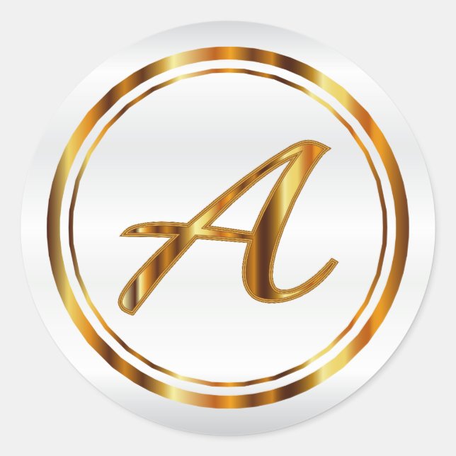 Monogram  A-Z - Metallic Gold on White Satin Classic Round Sticker (Front)