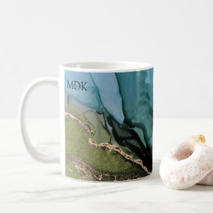 Monogram Abstract Black Teal Green Gold Coffee Mug
