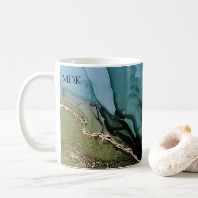 Monogram Abstract Black Teal Green Gold Coffee Mug (With Donut)