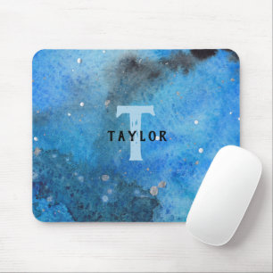 Monogram Abstract Blue Black Watercolor Fine Art Mouse Pad