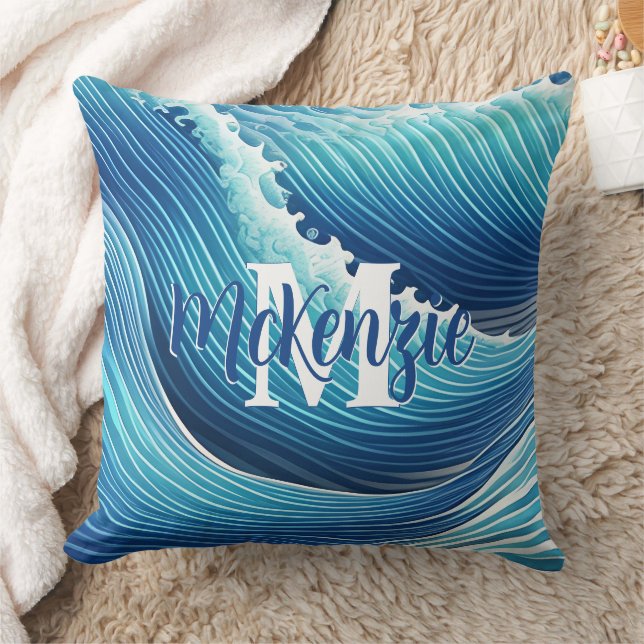 Monogram Abstract Blue Ocean Wave Throw Pillow (Blanket)