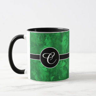 Monogram Abstract Emerald Green Feather Pattern Mug