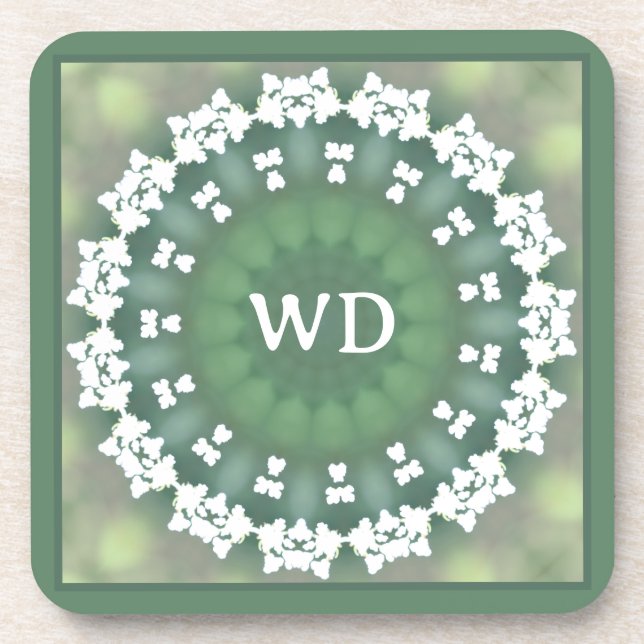 Monogram Abstract Floral Elegant Spring Green Coaster (Front)