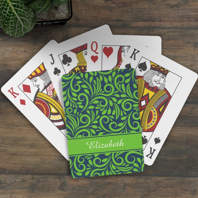 Monogram Abstract Floral Pattern Blue Green Chic Playing Cards (Monogram Abstract Floral Pattern Blue Green Chic Poker Cards)
