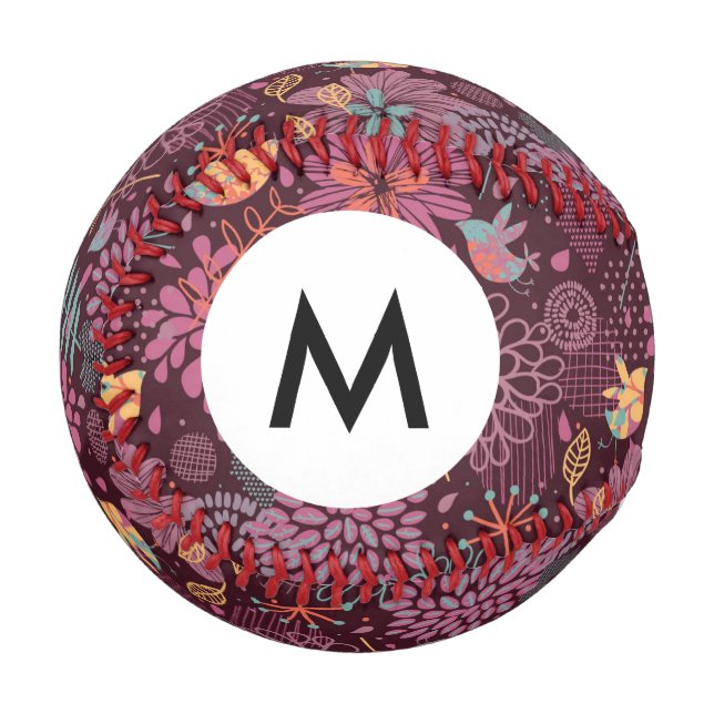 Monogram Abstract floral pattern with birds Baseball (Front Left)