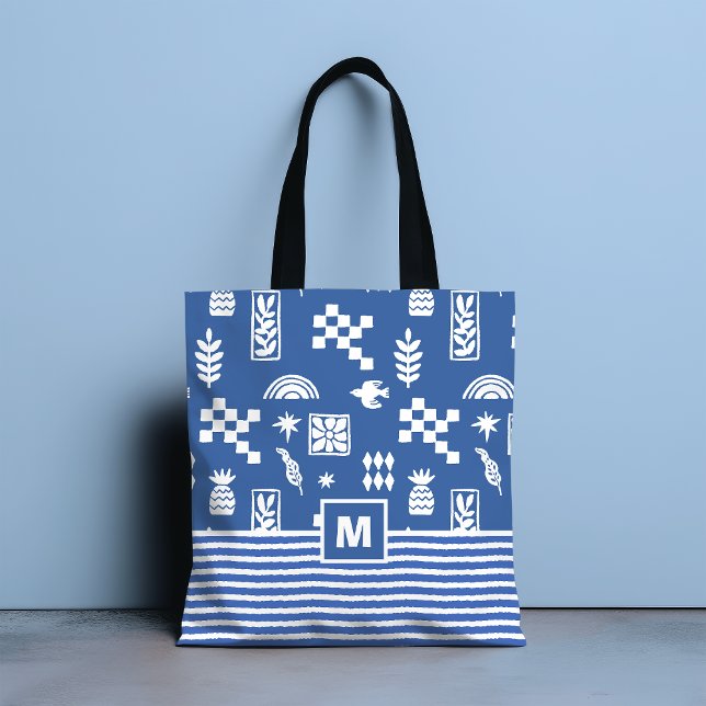 Monogram Abstract Geometric Bird Floral Blue Tote Bag (Creator Uploaded)