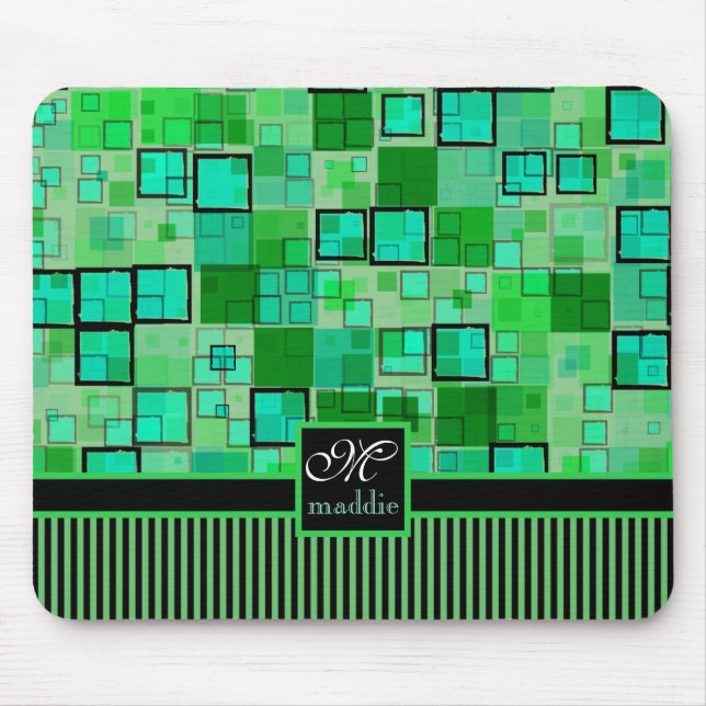 Monogram Abstract Geometric Squares Stripes Green Mouse Pad (Front)