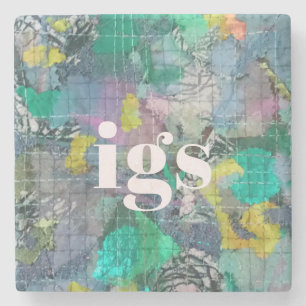 Monogram abstract pattern green blue grey nature stone coaster
