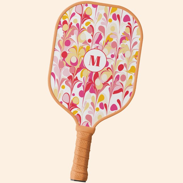 Monogram Abstract Pattern Pink Pickleball Paddle (Retro marble pink pattern monogram initial personalized pickleball paddle)