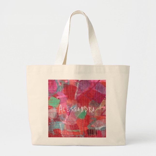Monogram abstract red pink girly pattern large tote bag (Front)