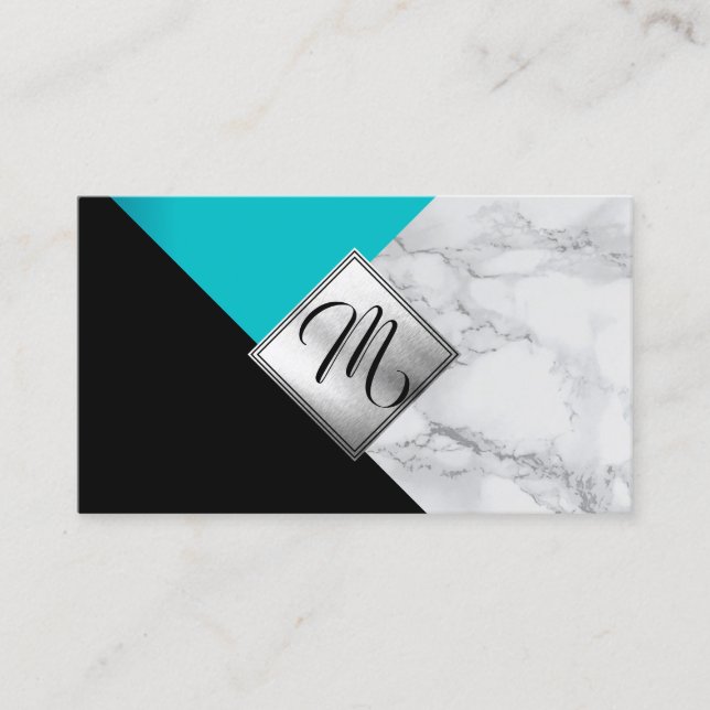 Monogram Abstract Teal, Black and Marble Business Card (Front)