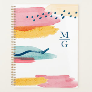 Monogram Abstract Watercolor Navy Blue Pink Yellow Planner