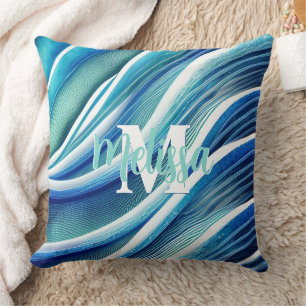 Monogram Abstract Waves in Blue and Green Throw Pillow