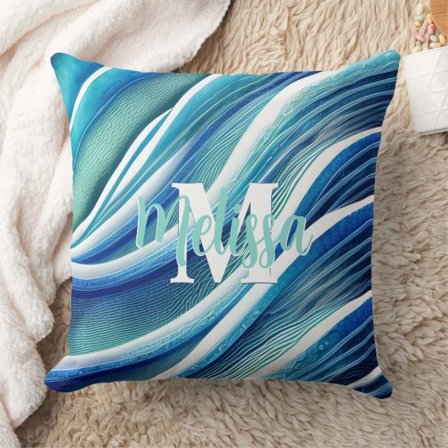 Monogram Abstract Waves in Blue and Green Throw Pillow (Blanket)