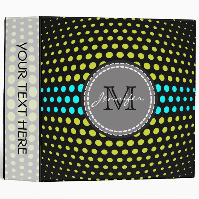 Monogram Acid green & Aqua Polka Dots Pattern Binder (Front/Spine)