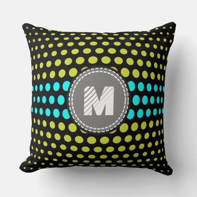 Monogram Acid green & Aqua Polka Dots Pattern Throw Pillow (Front)