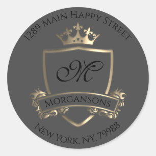 Monogram Address Crown Royal Gold Grey RSVP Classic Round Sticker
