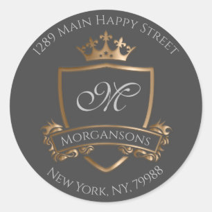 Monogram Address Crown Royal Gold Grey RSVP Classic Round Sticker