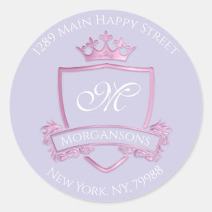 Monogram Address Crown Royal Pink Purple RSVP Classic Round Sticker