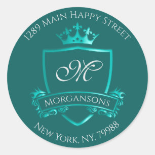 Monogram Address Crown Royal Princess Teal RSVP Classic Round Sticker