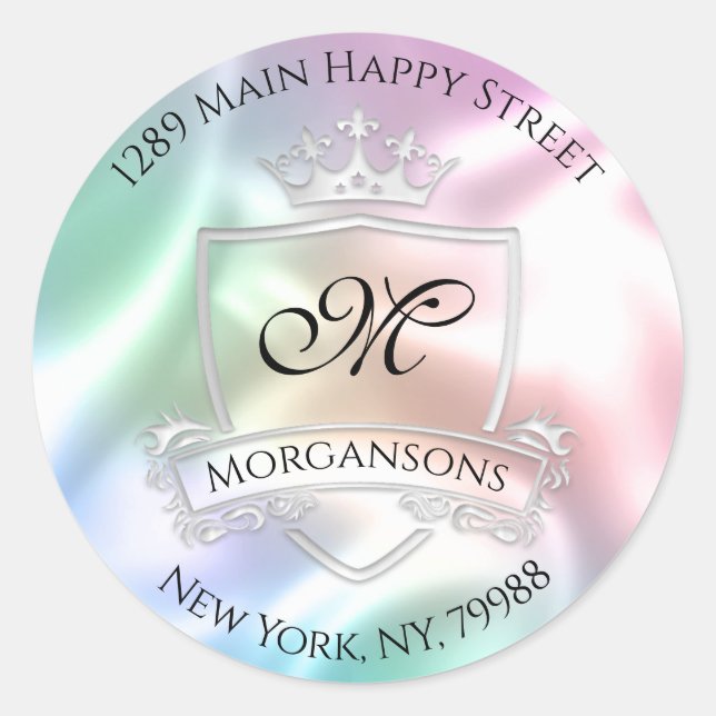 Monogram Address Crown Royal Silver Holograph Rose Classic Round Sticker (Front)