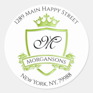 Monogram Address Crown Royal White Green RSVP Classic Round Sticker