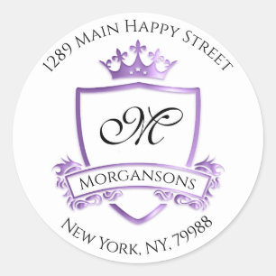 Monogram Address Crown Royal White Purple RSVP Classic Round Sticker