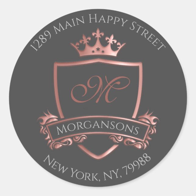 Monogram Address Crown Royal White Rose RSVP Classic Round Sticker (Front)