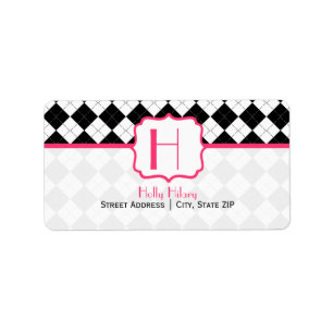Monogram Address Label - Black Argyle and Pink