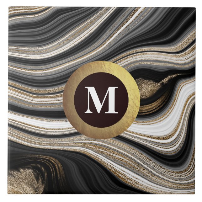 Monogram Agate Black white gold  Tile (Front)