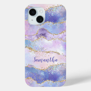 Monogram Agate Glitter Trendy Blue Pink Purple  iPhone 15 Case
