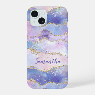 Monogram Agate Glitter Trendy Blue Pink Purple iPhone 15 Case