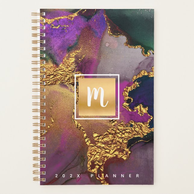 Monogram agate gold purple blue watercolor custom planner (Front)