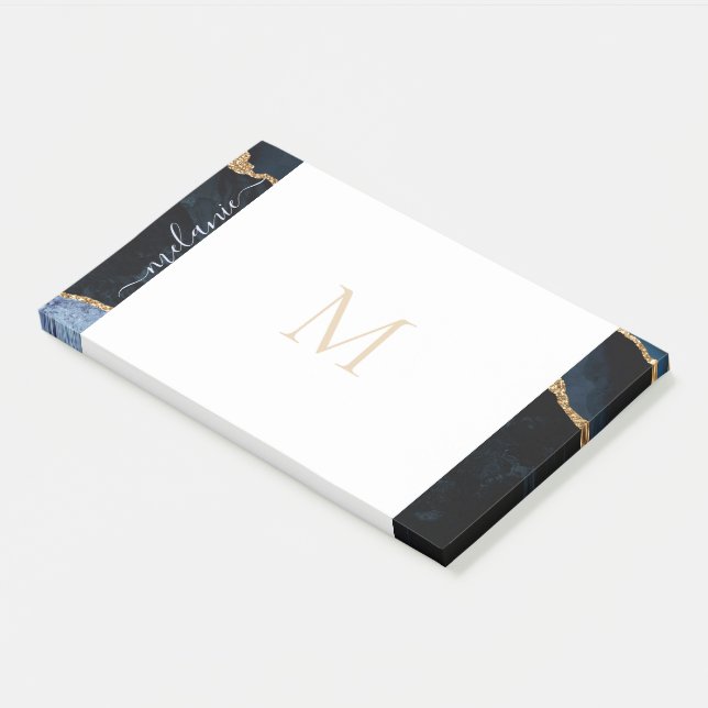 Monogram Agate Navy Blue Gold Glitter Gemstone Post-it Notes (Angled)